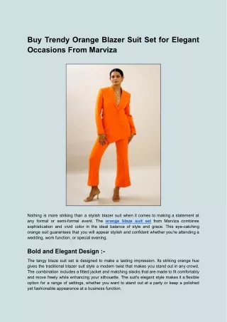 Buy Trendy Orange Blazer Suit Set for Elegant Occasions From Marviza