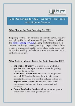 Best Coaching for JEE - Achieve top ranks with Udyam Classes