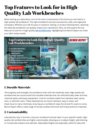 Top Features to Look for in High-Quality Lab Workbenches