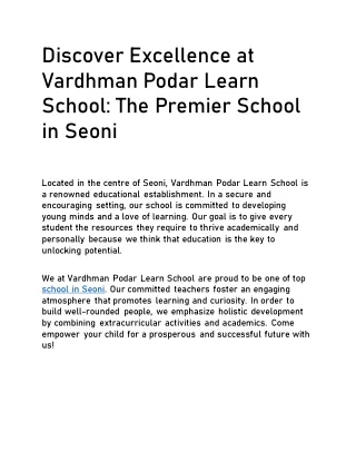 Discover Excellence at Vardhman Podar Learn School: The Premier School in Seoni