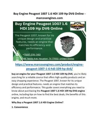 Buy Engine Peugeot 1007 1.6 HDI 109 Hp DV6 Online - marcosengines.com