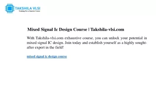 Mixed Signal Ic Design Course Takshila-vlsi.com