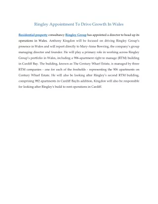 Ringley Appointment To Drive Growth In Wales