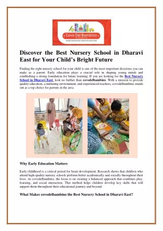 Discover the Best Nursery School in Dharavi East for Your Child’s Bright Future