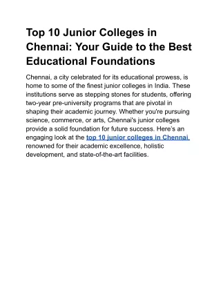Top 10 Junior Colleges in Chennai: Your Guide to the Best Educational Foundation
