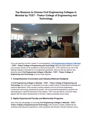 Top Reasons to Choose Civil Engineering Colleges in Mumbai by TCET - Thakur College of Engineering and Technology