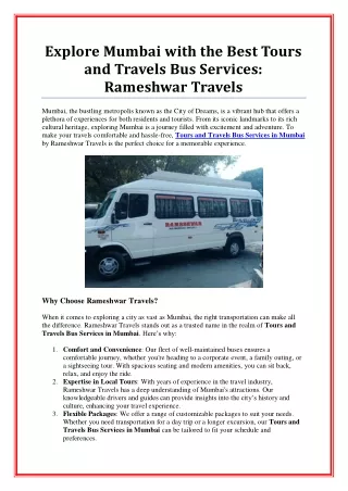 Discover Reliable Tours and Travels Bus Services in Mumbai with Rameshwar Travel