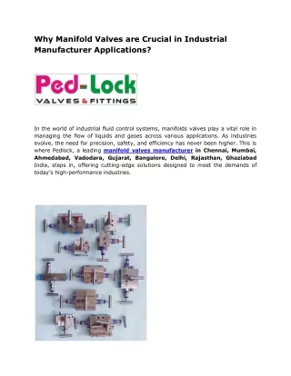 Why Manifold Valves are Crucial in Industrial Manufacturer Applications