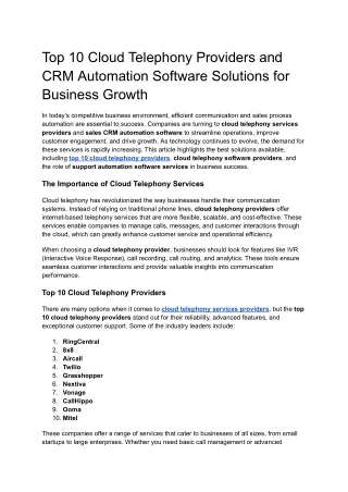 Top 10 Cloud Telephony Providers and CRM Automation Software Solutions for Business Growth