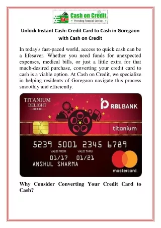 Unlock Instant Cash Credit Card to Cash in Goregaon with Cash on Credit