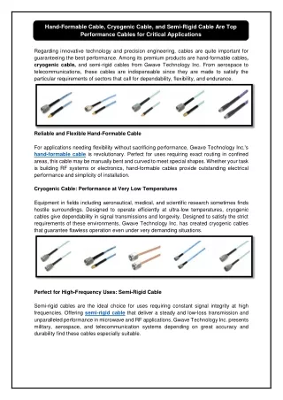 Hand-Formable Cable, Cryogenic Cable, and Semi-Rigid Cable Are Top Performance Cables for Critical Applications