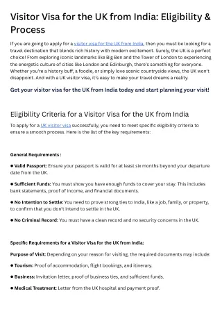 Visitor Visa for the UK from India Eligibility & Process