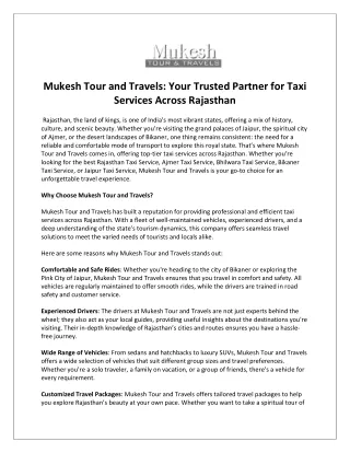 Mukesh Tour and Travels Your Trusted Partner for Taxi Services Across Rajasthan