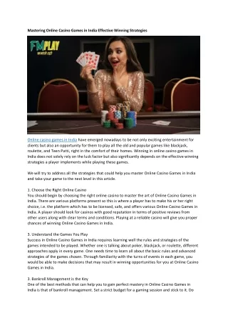 Mastering Online Casino Games in India Effective Winning Strategies