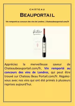 Vin remporté au concours des vins de Londres  Chateaubeauportail.com fr