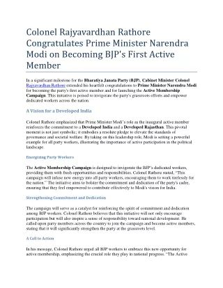 Colonel Rajyavardhan Rathore Congratulates Prime Minister Narendra Modi on Becoming BJP