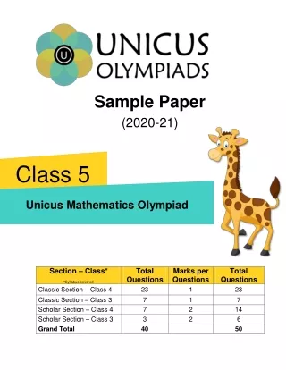 Unicus Mathematics Olympiad (UMO) Class 5 Sample Paper