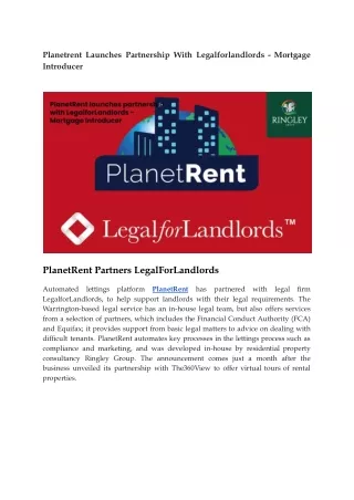 Planetrent Launches Partnership With Legalforlandlords - Mortgage Introducer