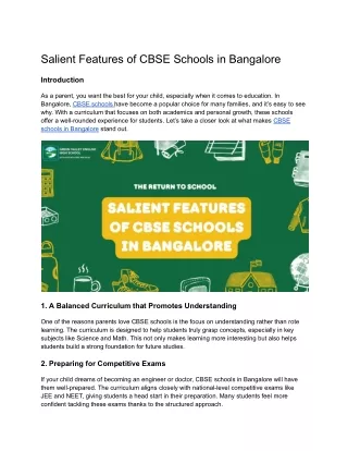 Salient Features of CBSE Schools in Bangalore