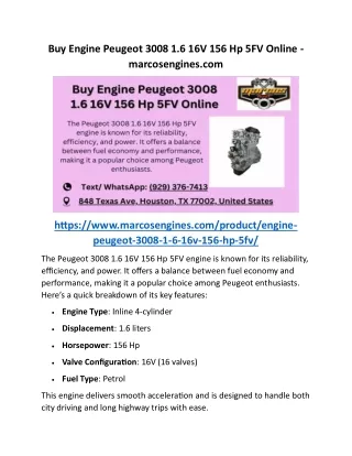 Buy Engine Peugeot 3008 1.6 16V 156 Hp 5FV Online - marcosengines.com