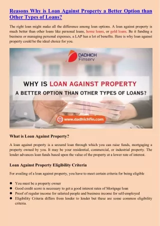 Reasons Why is Loan Against Property a better option than other types of loans