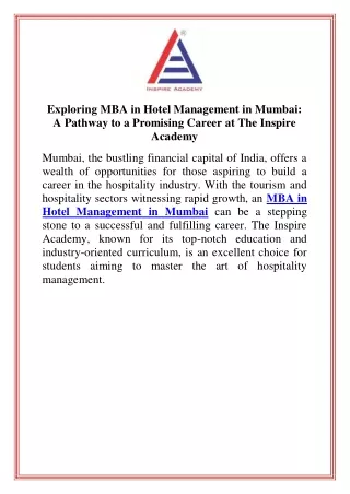 Exploring MBA in Hotel Management in Mumbai A Pathway to a Promising Career at The Inspire Academy