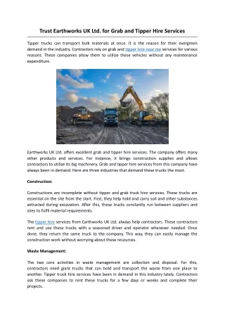 Trust Earthworks UK Ltd. for Grab and Tipper Hire Services