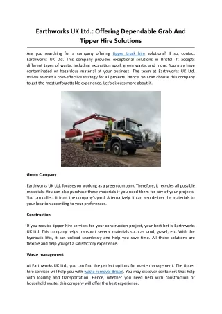 Earthworks UK Ltd. Offering Dependable Grab And Tipper Hire Solutions