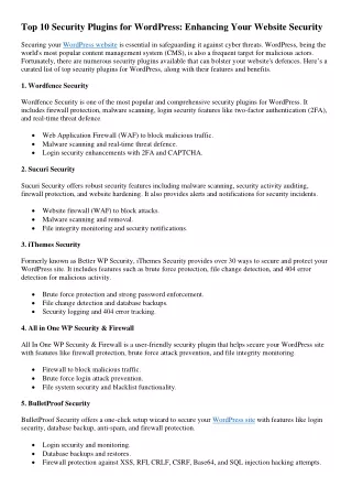 Top 10 Security Plugins for WordPress-Enhancing Your Website Security