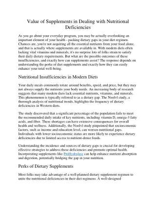 Value of Supplements in Dealing with Nutritional Deficiencies