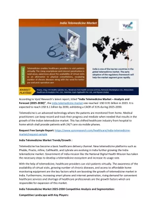 India Telemedicine Market Higher Growth Rate and Forecast – 2025