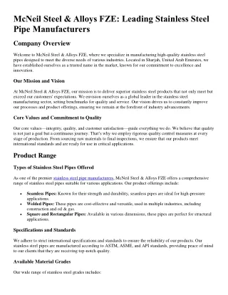 SS Pipe Manufacturer - Mcneil Steel & Alloys FZE