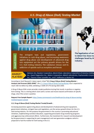 U.S. Drug of Abuse (DoA) Testing Market to Witness Robust Expansion by 2030