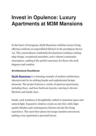 Invest in M3M Mansions