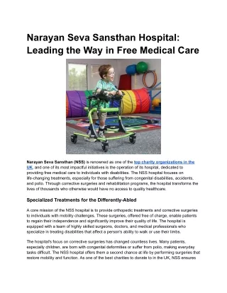 Narayan Seva Sansthan Hospital Leading the Way in Free Medical Care