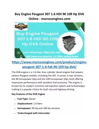 Buy Engine Peugeot 307 1.6 HDI 90 109 Hp DV6 Online - marcosengines.com