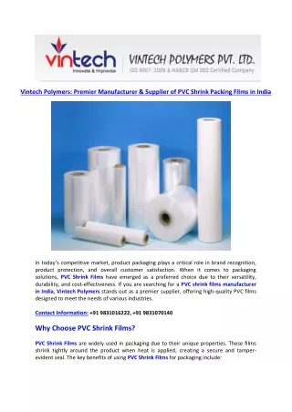 Vintech Polymers Premier Manufacturer & Supplier of PVC Shrink Packing Films in India