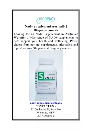 Nad  Supplement Australia Biogency.com.au