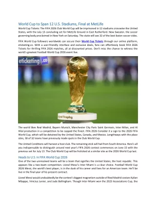World Cup to Span 12 U.S. Stadiums, Final at MetLife