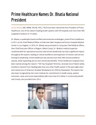 Prime Healthcare Names Dr. Bhatia National President