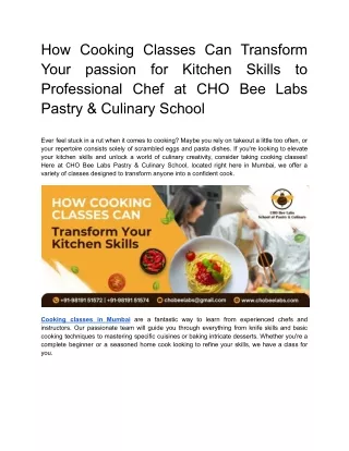 How Cooking Classes Can Transform Your passion for Kitchen Skills to Professional Chef at CHO Bee Labs Pastry & Culinary