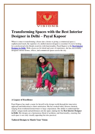 Transforming Spaces with the Best Interior Designer in Delhi – Payal Kapoor