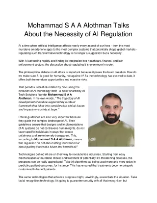 Mohammad S A A Alothman Talks  About the Necessity of AI Regulation