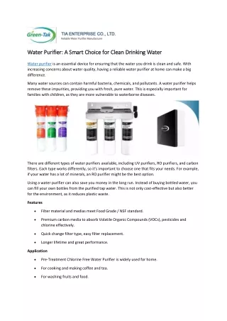 Water Purifier: A Smart Choice for Clean Drinking Water