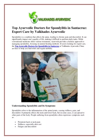 Top Ayurvedic Doctors for Spondylitis in Santacruz: Expert Care by Valkhades Ayu