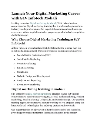 Launch Your Digital Marketing Career with S2V Infotech Mohali