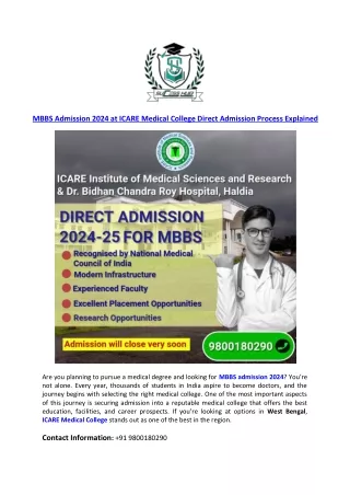 MBBS Admission 2024 at ICARE Medical College Direct Admission Process Explained