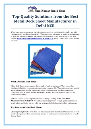 Top Metal Deck Sheet Manufacturer in Delhi NCR | Quality & Durability