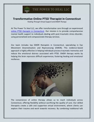 Transformative Online PTSD Therapist in Connecticut