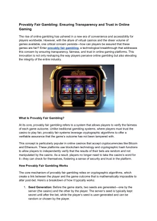 Provably Fair Gambling: Ensuring Transparency and Trust in Online Gaming